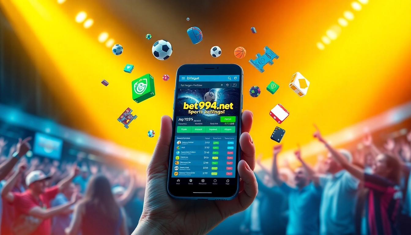 Experience online betting excitement with bet994.net via a vivid smartphone interface surrounded by sports icons.