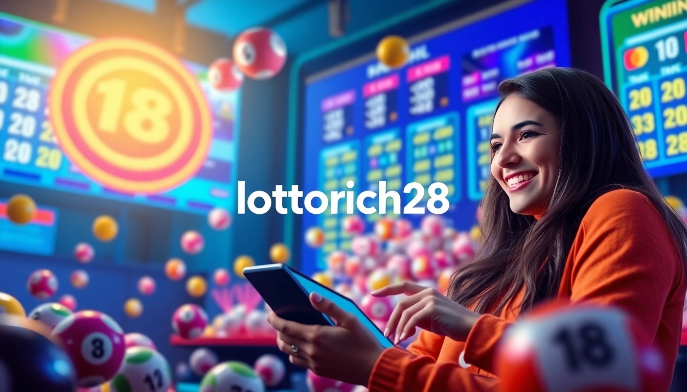 Explore Lottorich28's online lottery platform with vibrant digital displays, colorful balls, and an inviting atmosphere.