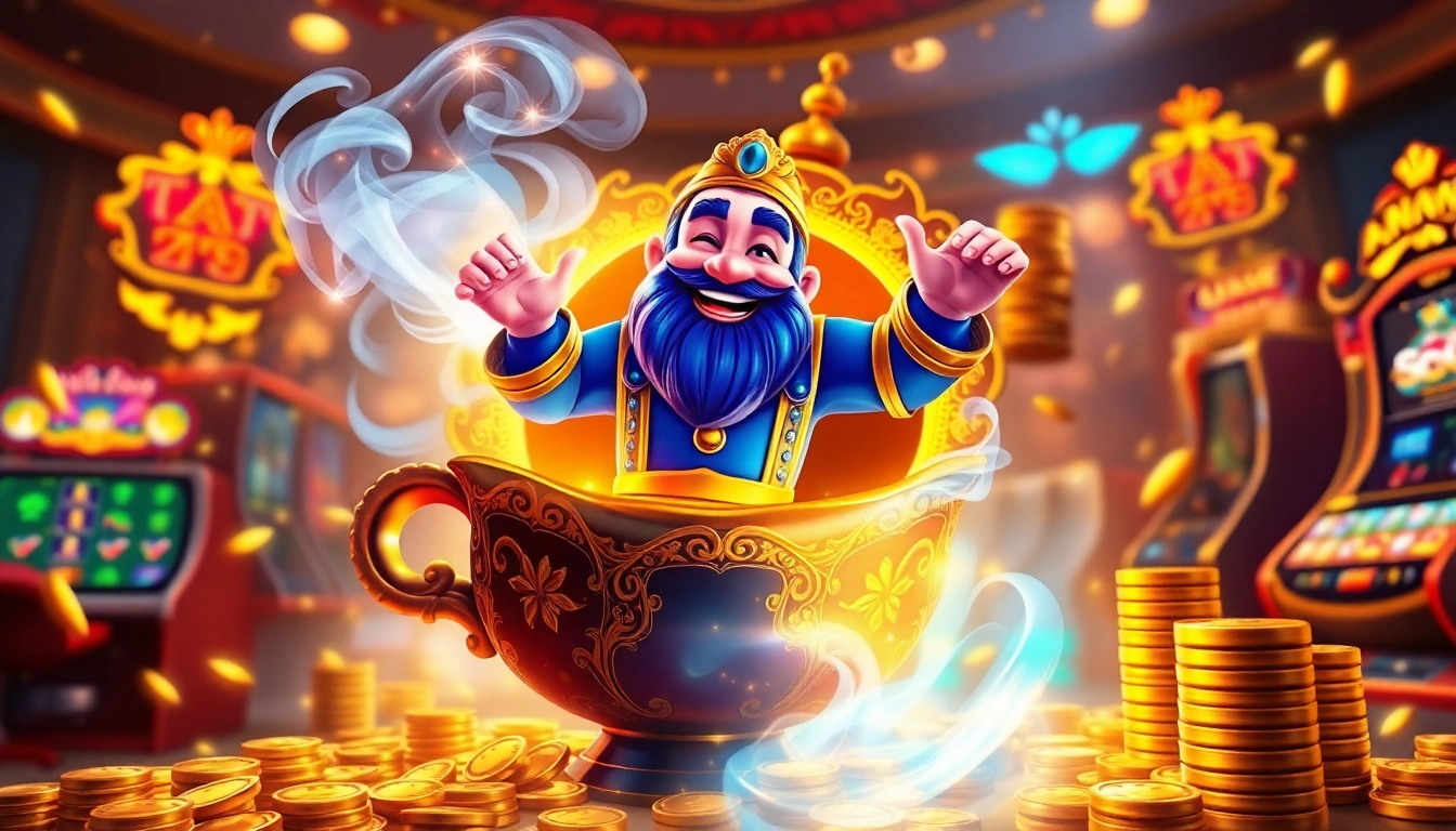 Experience the magic of genie168 with an enchanting genie emerging from a treasure-filled lamp, symbolizing online gaming excitement.