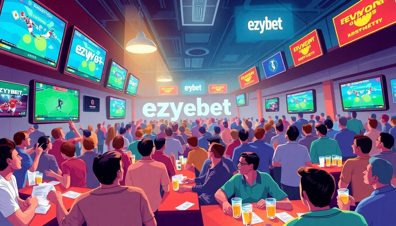 Excited patrons enjoy a thrilling sports betting experience at ezybet's vibrant lounge.