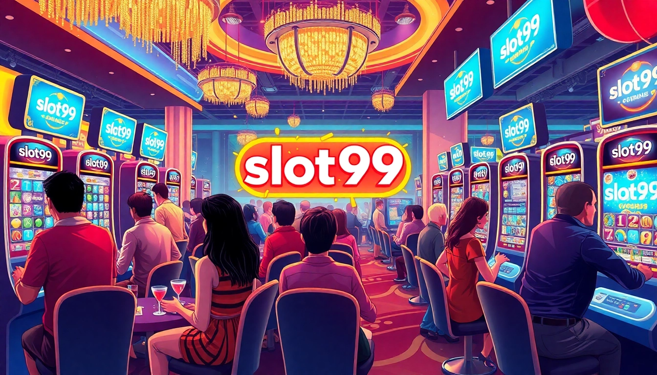 Experience the thrilling world of slot99 with players enjoying vibrant games in a modern casino.