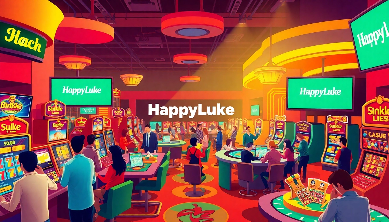 "Experience the lively atmosphere of the happyluke online casino with players enjoying diverse games."