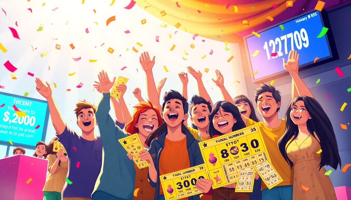 Young people celebrating a huaysod lottery win with tickets and confetti.