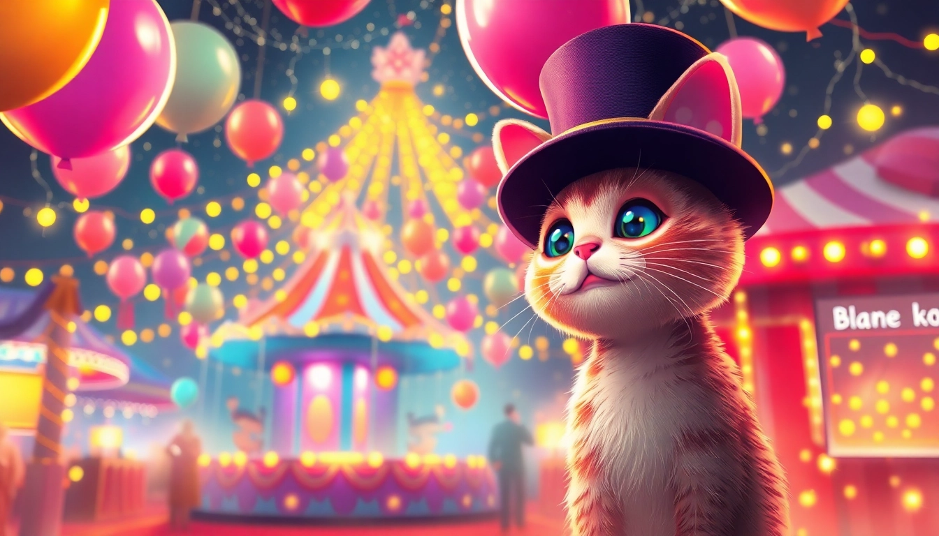 Engage with the cat888 carnival scene featuring a whimsical cat character in a magician's hat.