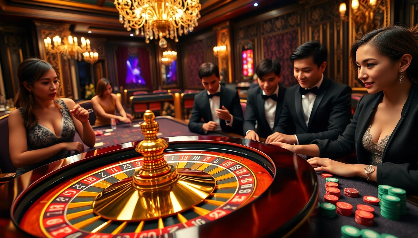 Experience the thrill of fox888 at a luxurious casino with a roulette wheel dazzling in gold and red.