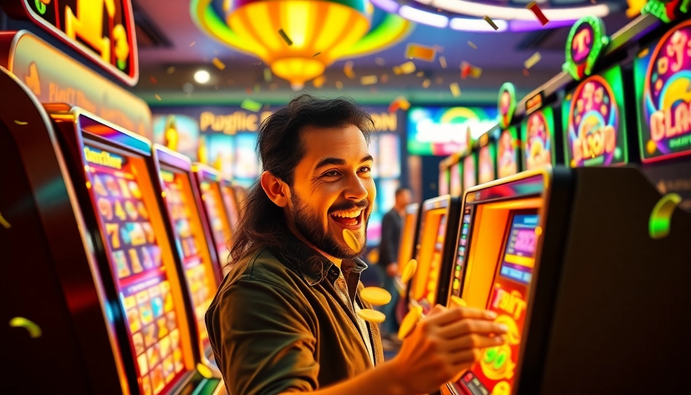 Experience the thrill of สล็อตเว็บตรง with vibrant slot machines and a joyful player.