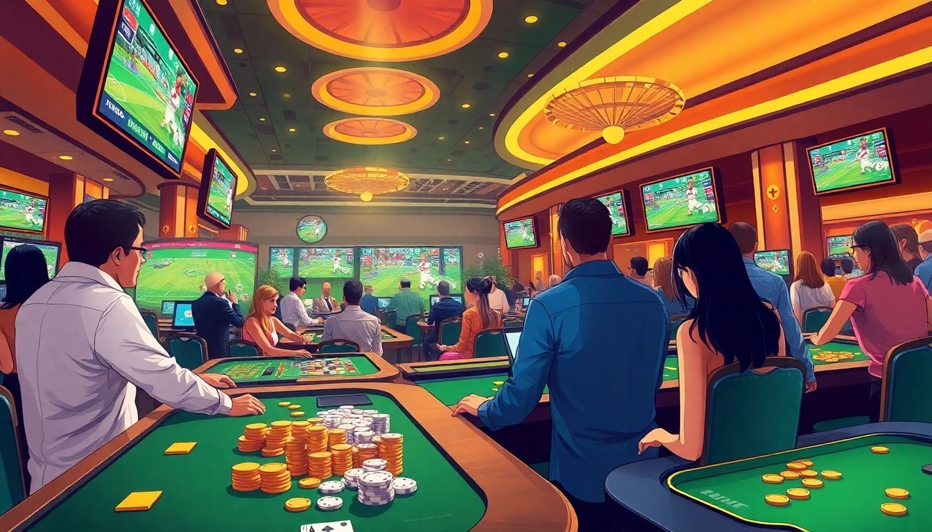 Exciting scene of sports betting at https://f168.group/, featuring modern gaming elements and vibrant players.