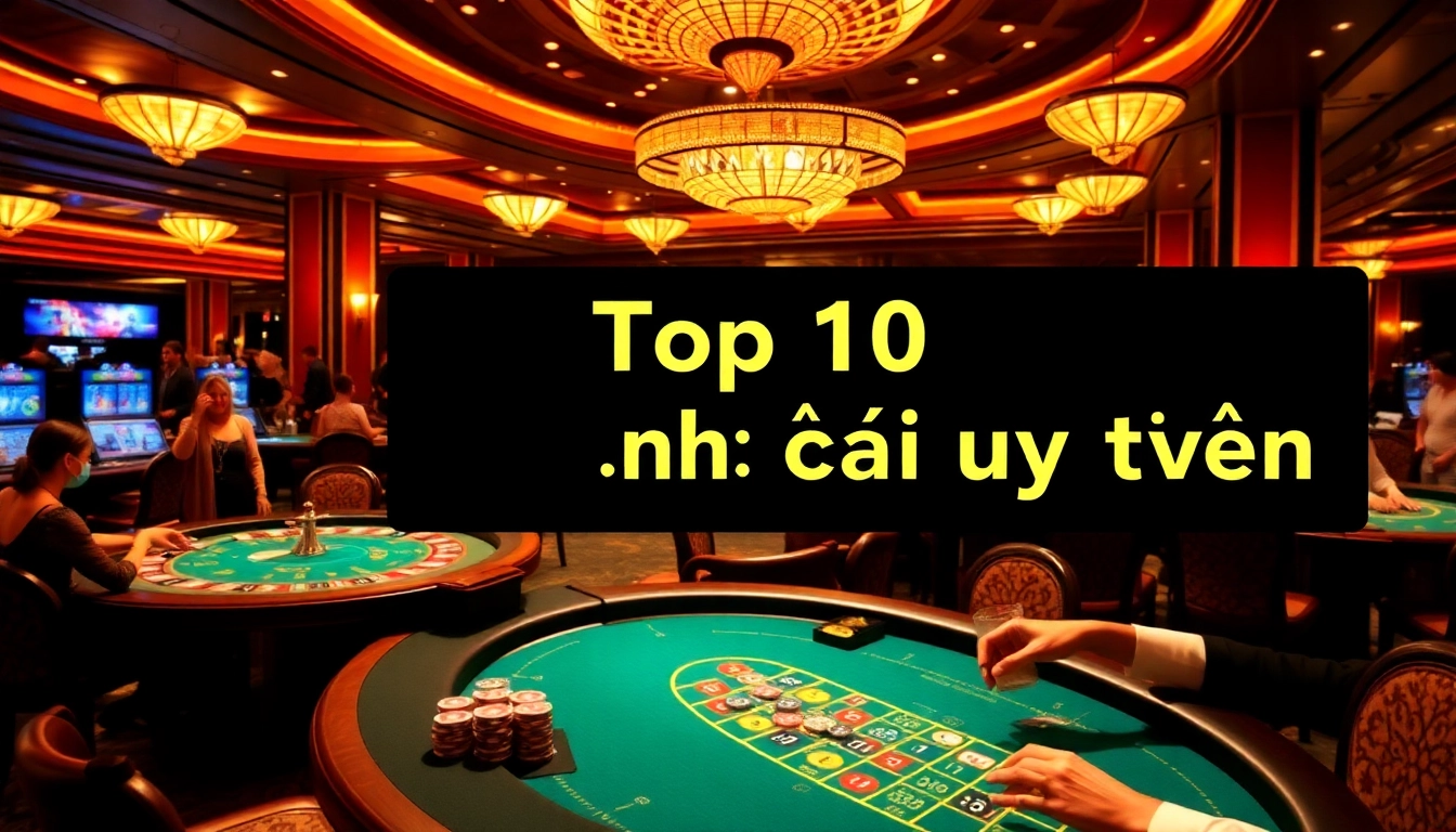 Engaging casino floor scene depicting the Top 10 nhà cái uy tín with players betting on poker and roulette.