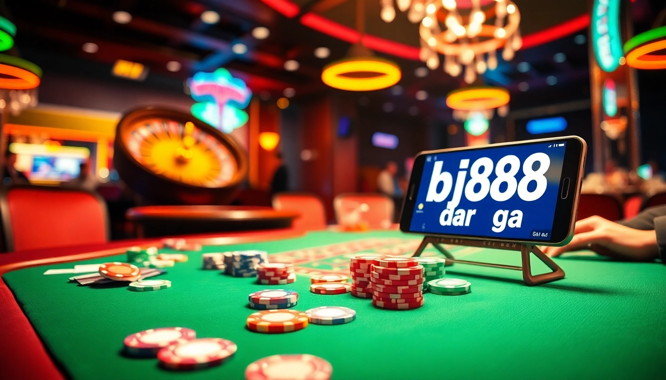 Join the excitement of bj88 da ga with a vibrant casino scene featuring poker tables and roulette wheels, highlighting thrilling gambling moments.
