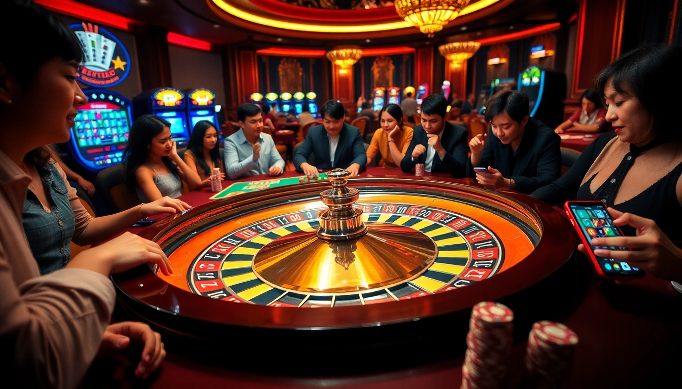 Bet88vn features an exhilarating casino scene with diverse players at a roulette table.