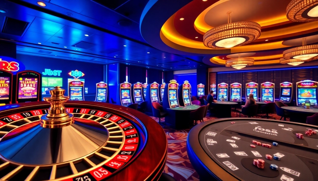 Experience J88 đăng nhập in an exciting online casino, featuring lively poker tables and roulette.