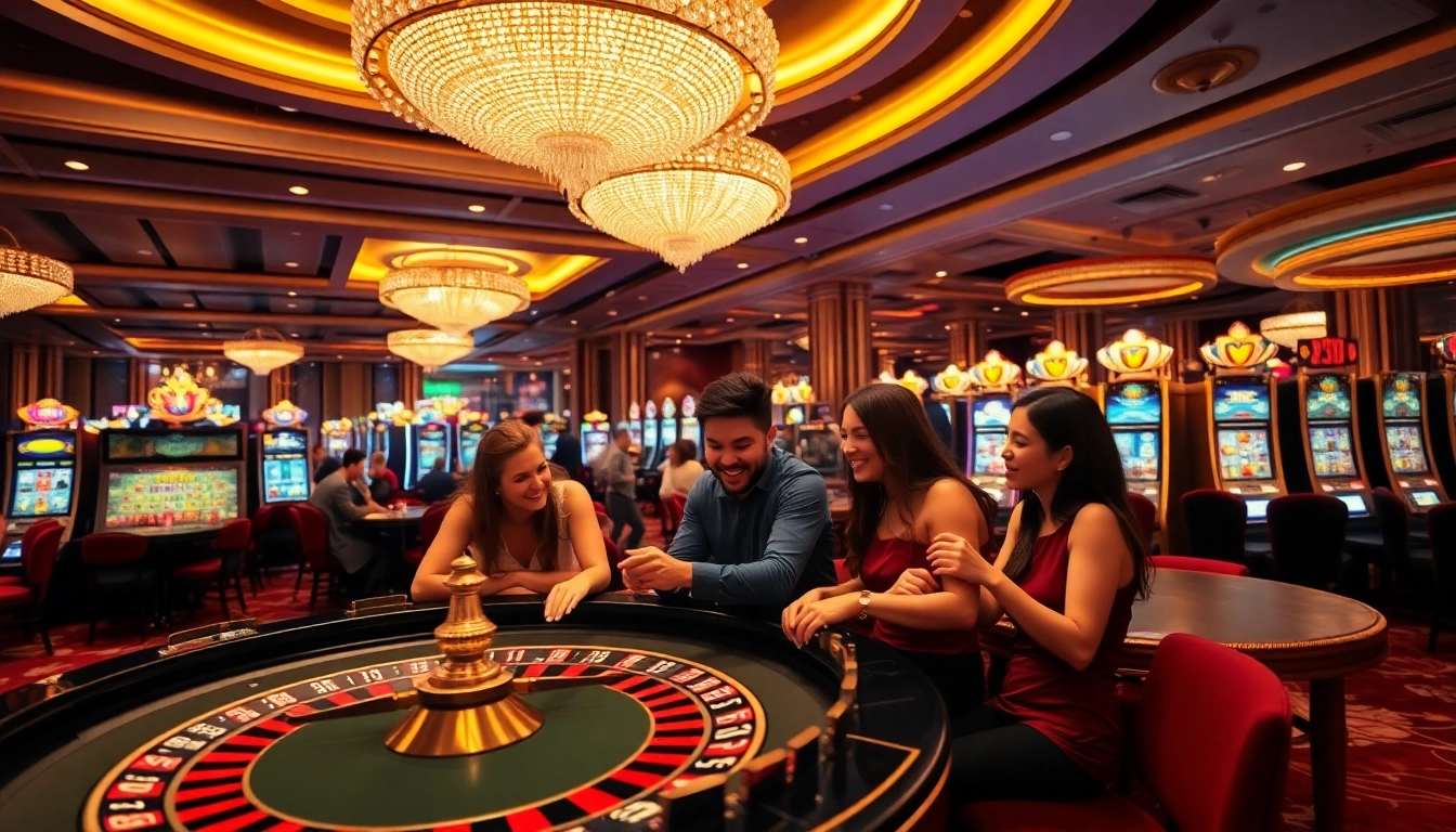 Spotbet showcases a lively roulette table with friends enjoying their gambling experience in a spectacular casino.