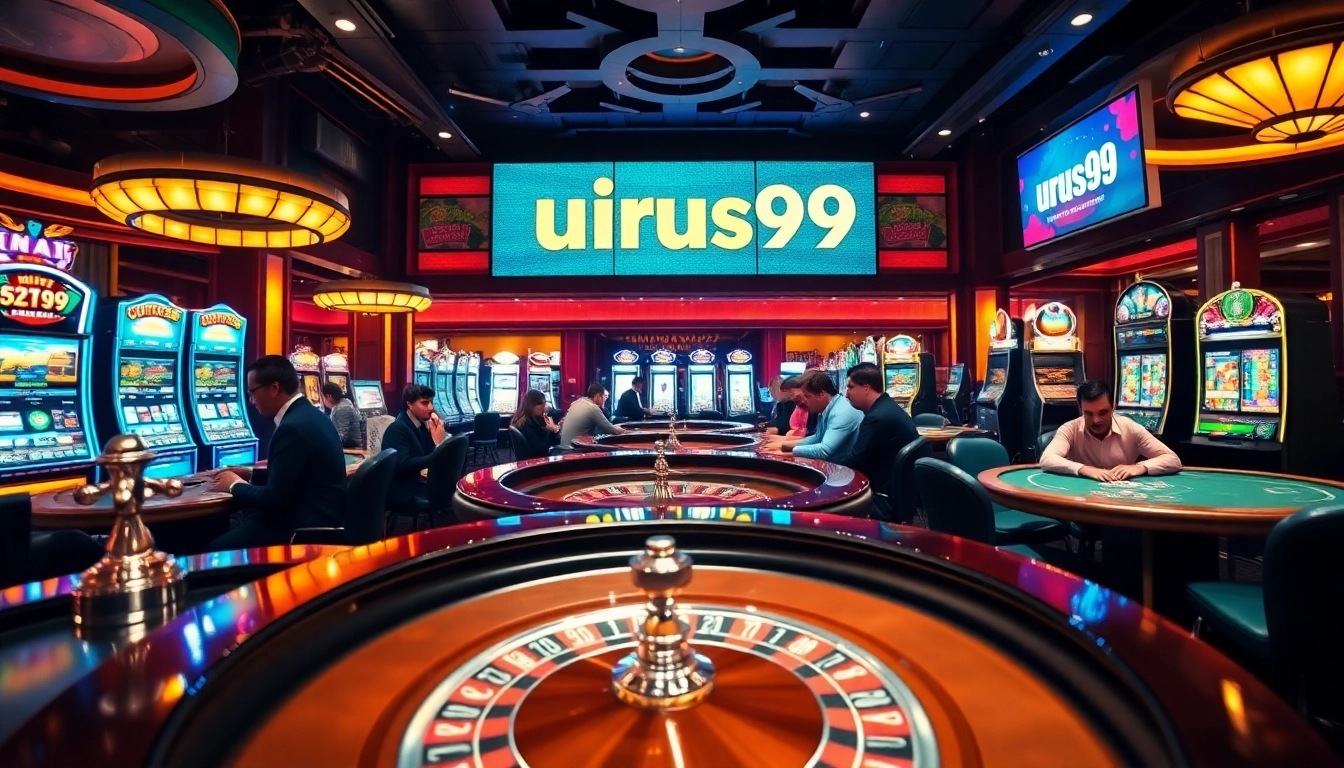 Experience urus99 in action with intense poker games, colorful chips, and vibrant slot machines in a bustling casino.