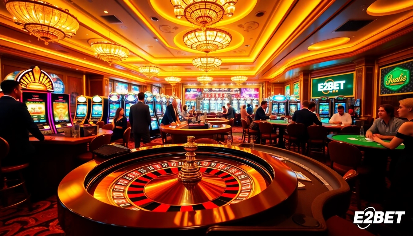 Experience the thrill of E2BET with players at a lively casino, enjoying roulette and poker.