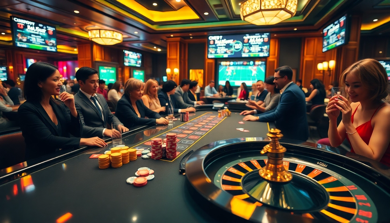 Experience the thrill of "bong da lu fun" as enthusiastic players enjoy poker and betting excitement in a luxurious casino setting.