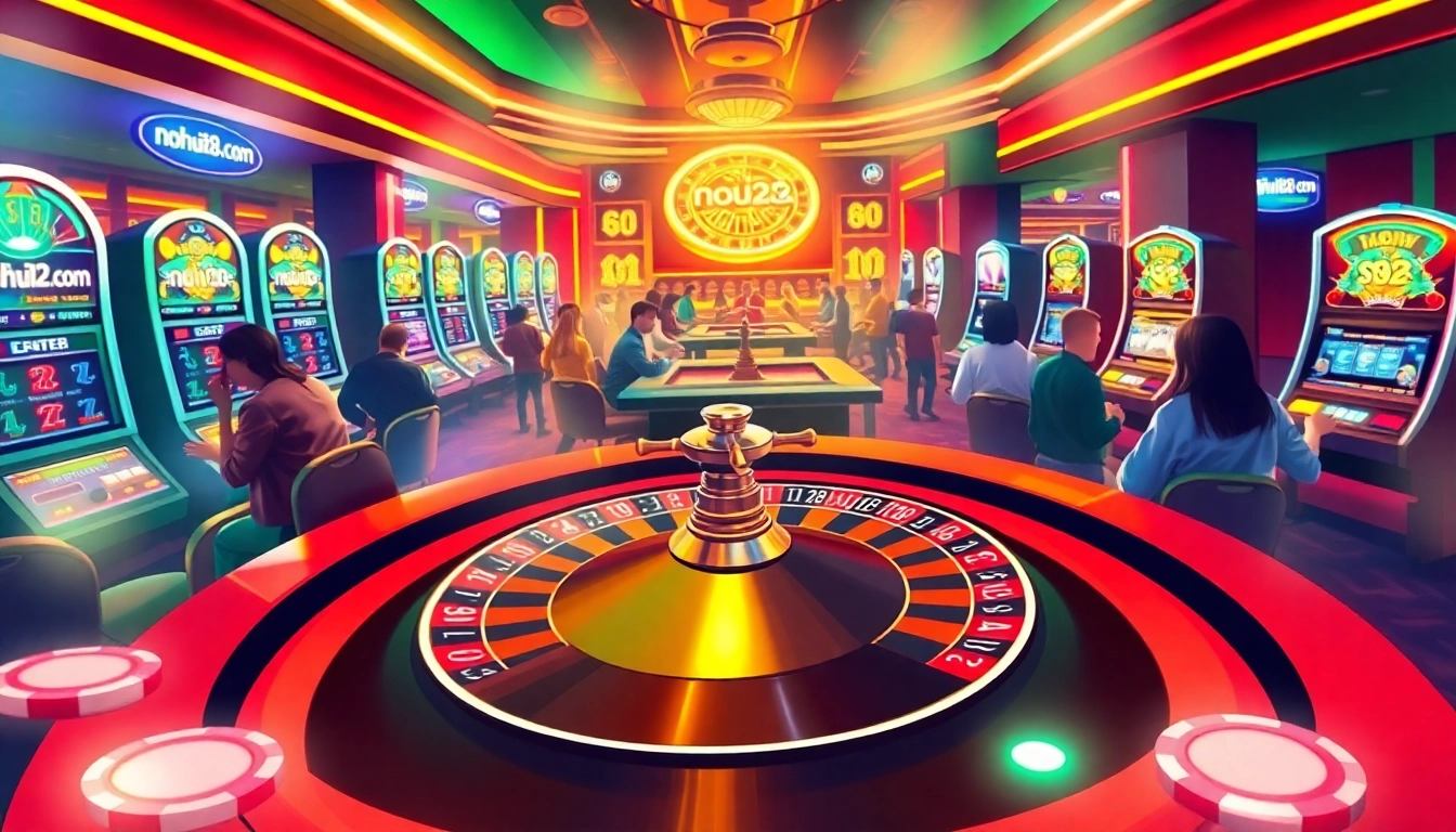 Nohu28 com players engaged in thrilling casino action at roulette, highlighted by vibrant lights and colorful poker chips.