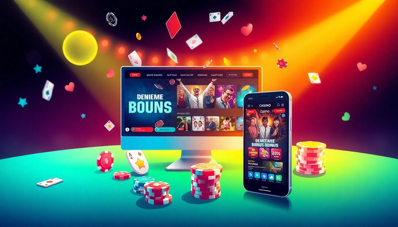 Explore deneme bonusu veren siteler with exciting online casino bonuses, showcasing vibrant gaming scenes.
