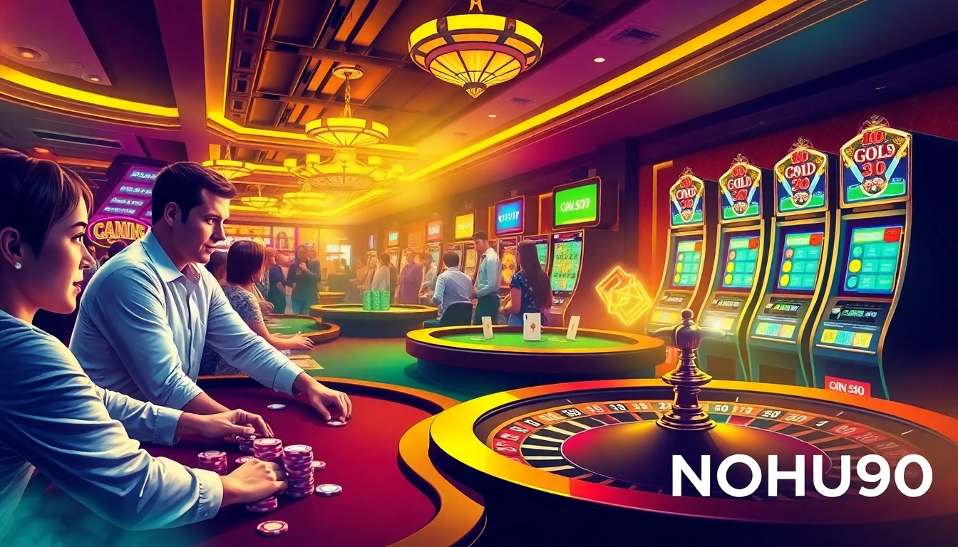 NOHU90 inspires excitement as players engage in poker at a vibrant casino table.