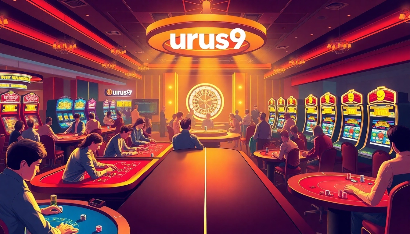 Experience thrilling action at a vibrant casino featuring urus9 games, players, and slot machines.