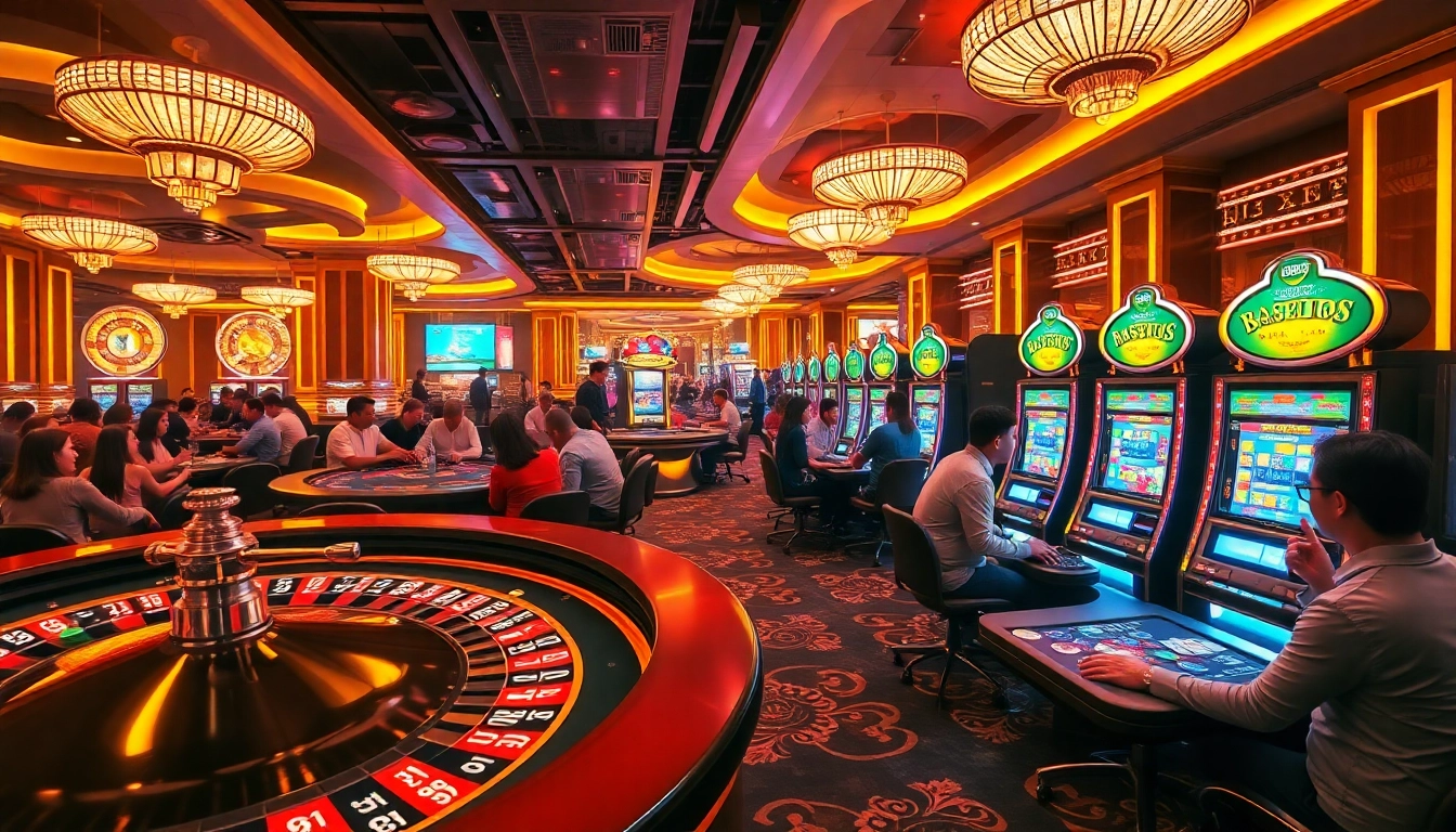 Experience the excitement of rr88 trang chủ at a vibrant casino with roulette and poker tables.