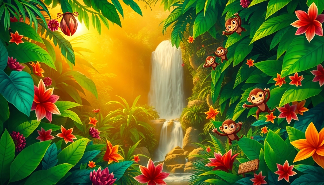 Playful monkeys amidst vibrant vegetation in Lucky Jungle casino scene.