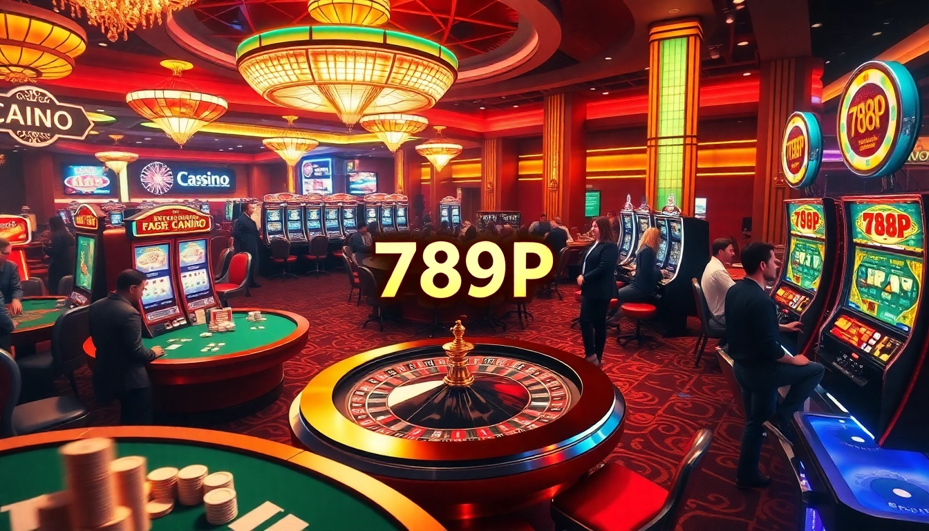 Experience 789P as players revel in electrifying casino gaming with vibrant tables, slots, and a roulette wheel.