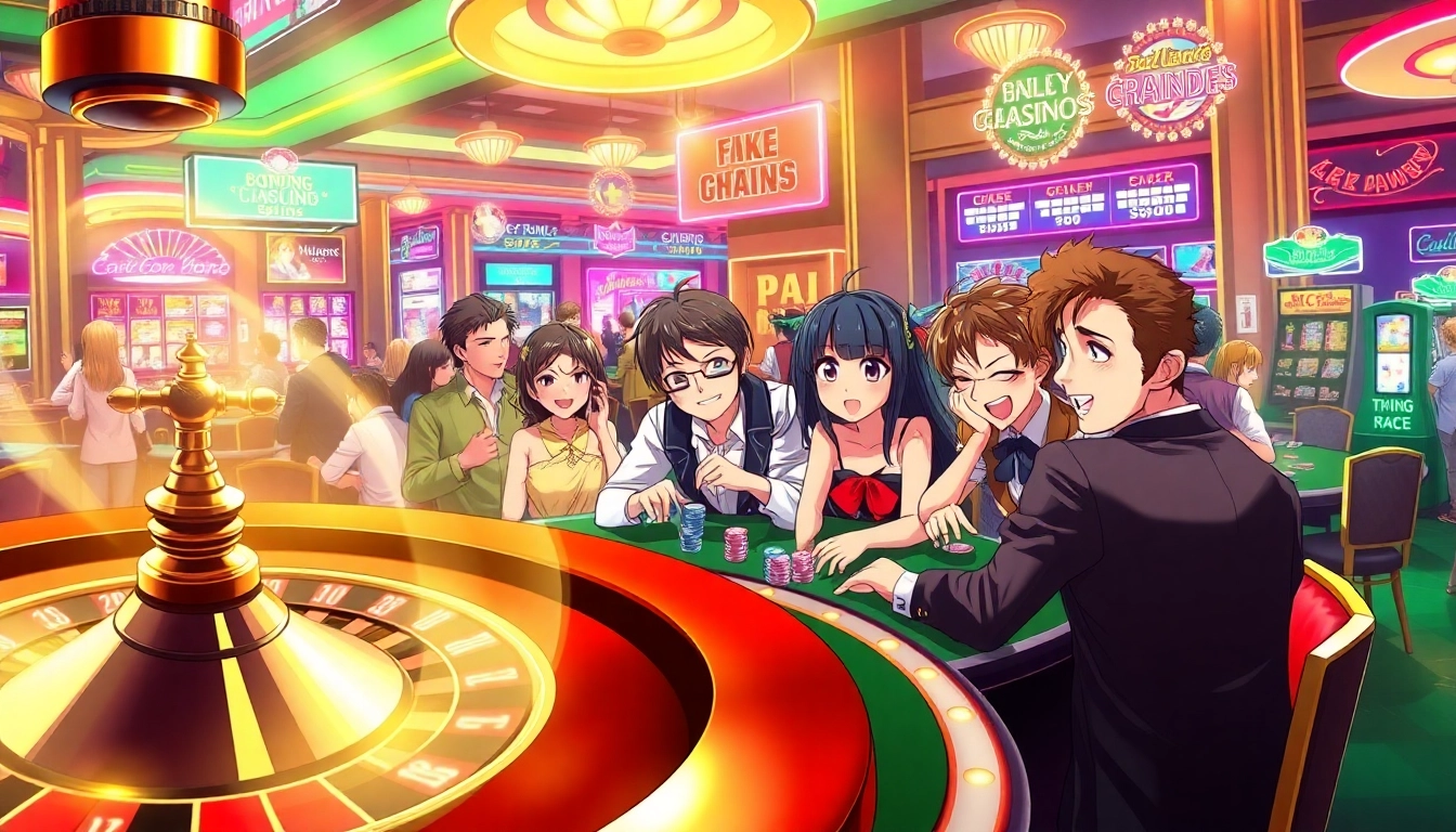 Gamblers celebrate high-stakes poker action featuring anime sex characters at a vibrant casino table.