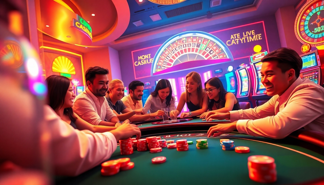 Experience the excitement of live crazy time in a vibrant casino setting filled with players and colorful gaming tables.