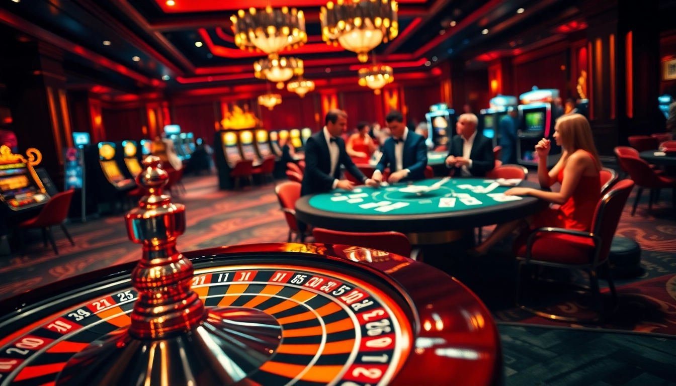 Players enjoying high stakes at the casino with a roulette wheel, overview of https://ketqua24.net/ betting action.