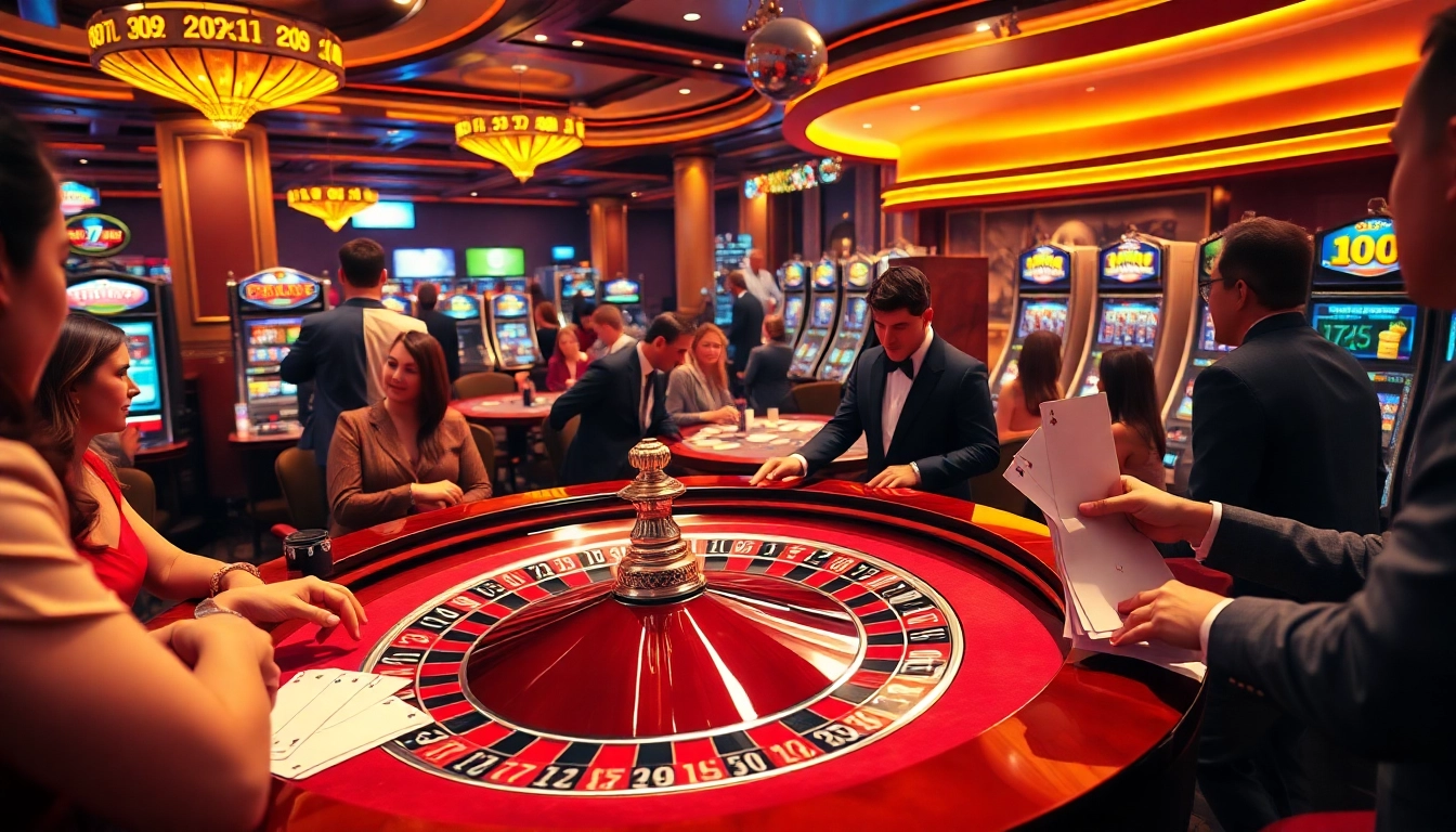 Gamblers at a roulette table in a luxurious casino discussing strategies linked to https://ggwines.net/.